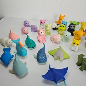 IWAKO Japanese Lot Of 39 Pencil Erasers Manekineko Lucky Cat Safari Sea Animals